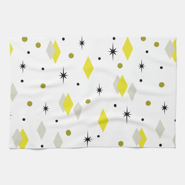 Space Age Diamonds Yellow Grey White Tea Towel (Horizontal)