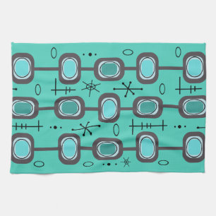 Space Age Geometric Art Aquamarine Tea Towel