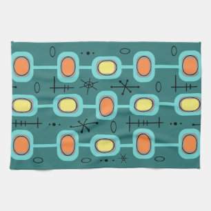 Space Age Geometric Art Teal Tea Towel