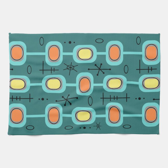 Space Age Geometric Art Teal Tea Towel (Horizontal)