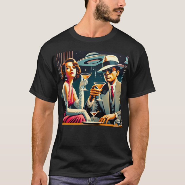 Space Age Las Vegas Gangster Martini Party T-Shirt (Front)