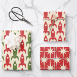 Space Age Retro Red Green Cream 50s Christmas Wrapping Paper Sheet<br><div class="desc">A touch of nostalgia for the Christmas holidays: space age atomic era rocket ships and starbursts in retro midcentury modern olive green,  red,  and egg nog cream. For a fun mid mod Xmas.</div>