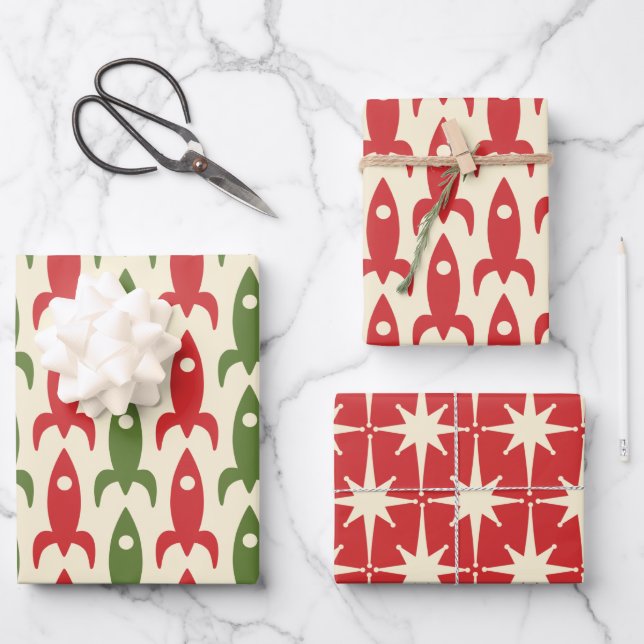 Space Age Retro Red Green Cream 50s Christmas Wrapping Paper Sheet (Front)