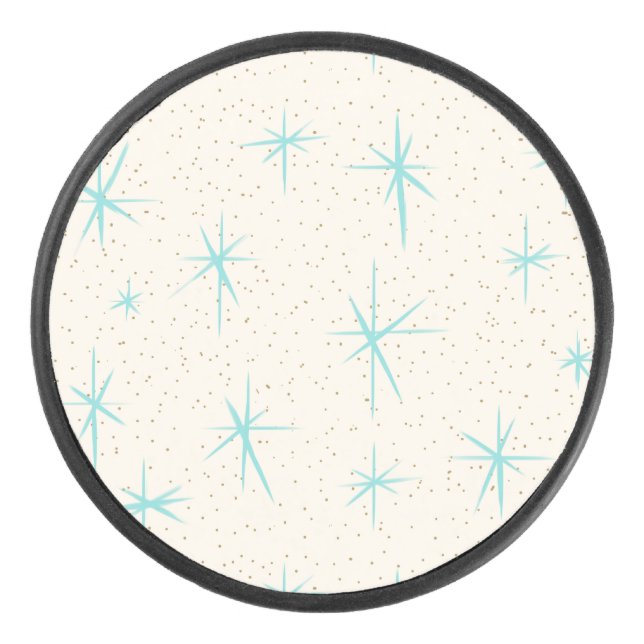 Space Age Turquoise Starbursts Cribbage Board Hockey Puck (Front)