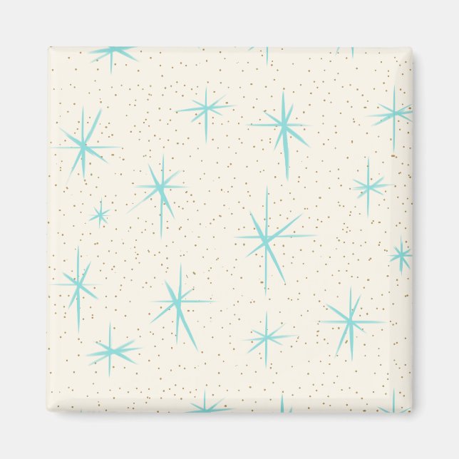 Space Age Turquoise Starbursts Square Magnet (Front)