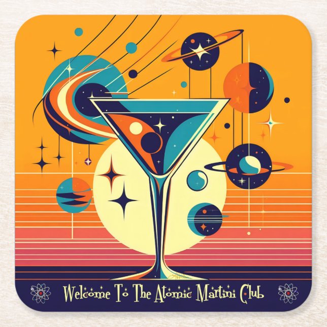 Space Age Welcome To The Atomic Martini Club Square Paper Coaster (Front)