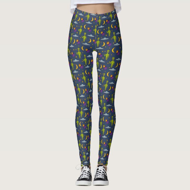 Space Aiens and Flying Saucers Sci-Fi Themed Leggings (Front)