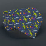 Space Aiens and Flying Saucers Sci-Fi Themed Tie<br><div class="desc">Add an out-of-this-world touch to any outfit with this patterned neck tie. Illustrations of little green space aliens,  flying saucer,  moons,  stars and planets are set against a navy blue background. The reverse side has a coordinating pattern of yellow stars against a purple background.</div>