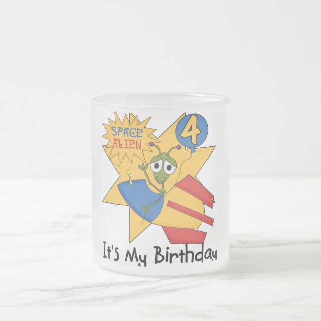 Space Alien 4th Birthday T-shirts and Gifts Frosted Glass Coffee Mug (Center)