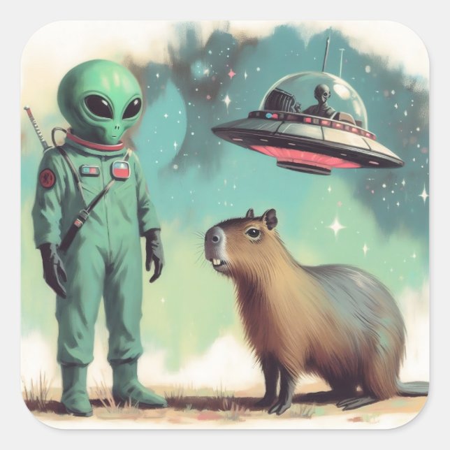 Space Alien and Capybara Retro UFO Illustration Square Sticker (Front)