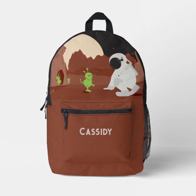 Space Alien Astronaut Planet Stars Kids Name Printed Backpack (Front)