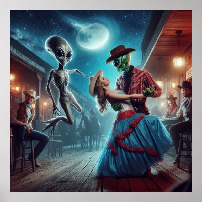  "Space Alien Dancing", "Old West Saloon", Cowgirl Poster (Front)