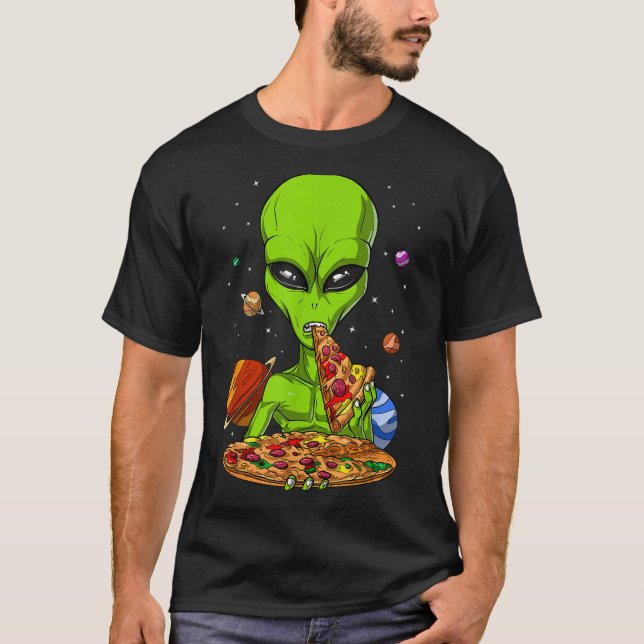 Space Alien Eating Pizza Funny UFO Science Fiction T-Shirt (Front)