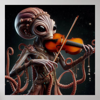 Space Alien Femail Octopus Playing Violin Poster
