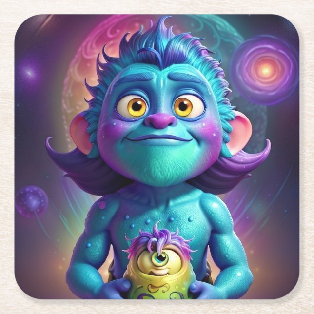 Space Alien & Friend  Square Paper Coaster (Front)