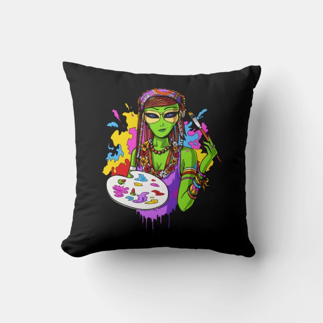 Space Alien Hippie Painting Artist Cushion (Front)