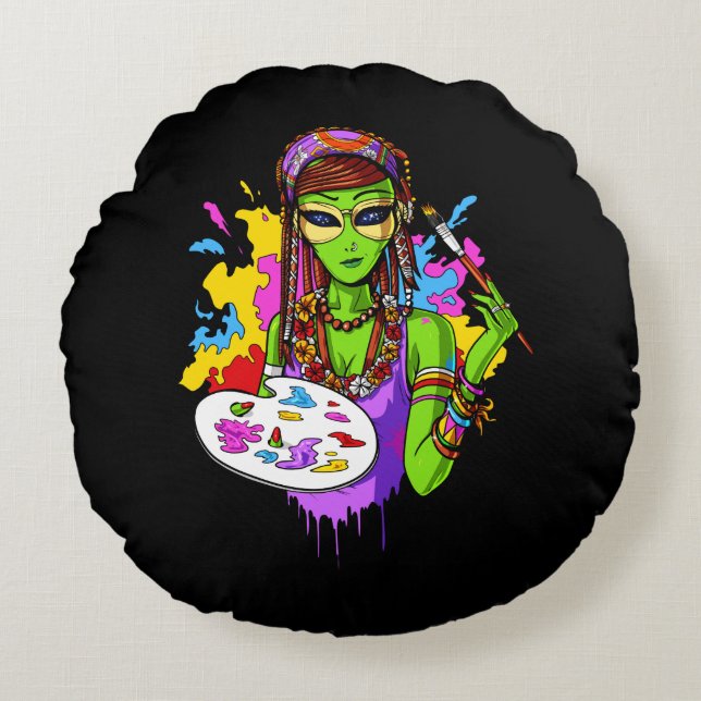Space Alien Hippie Painting Artist Round Cushion (Front)