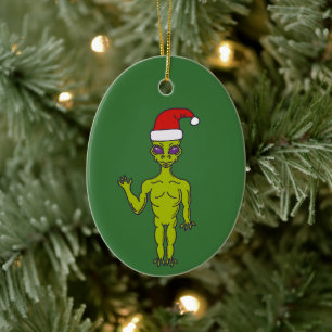Space Alien in a Santa Hat Personalized Christmas Ceramic Tree Decoration