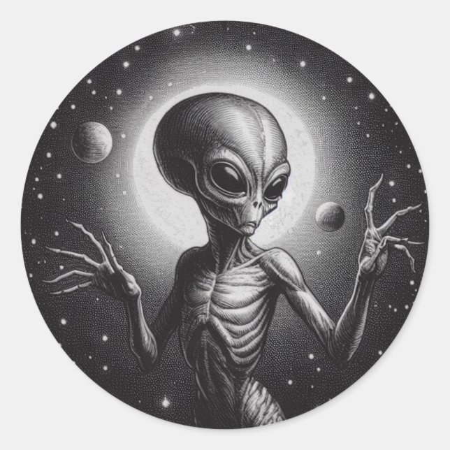 Space Alien in Science Fiction Illustration Classic Round Sticker (Front)