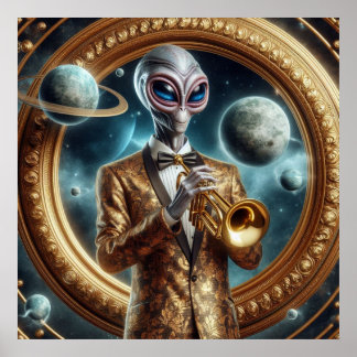 Space Alien Male Playing Trumpet Fancy Jacket Poster