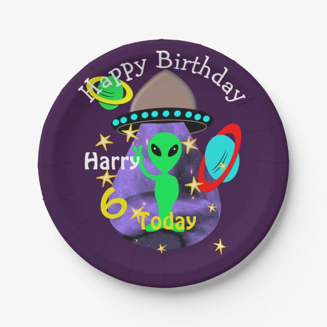 Space Alien Outer Space Cute Kids Birthday Party Paper Plate (Front)