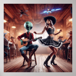 Space Alien Playing Guitar Cowgirl Dancing Poster