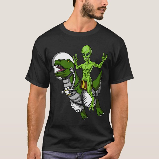 Space Alien Riding T-Rex Dinosaur T-Shirt (Front)
