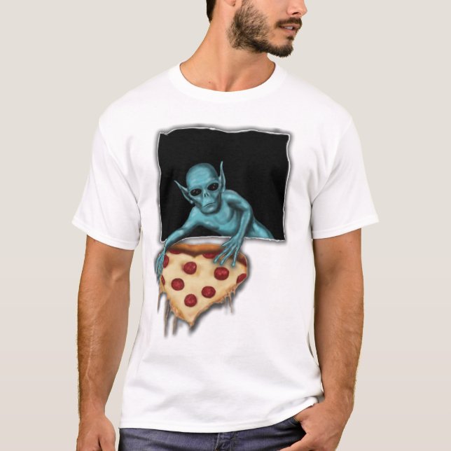 Space Alien Stealing A Slice Of Pizza T-Shirt (Front)