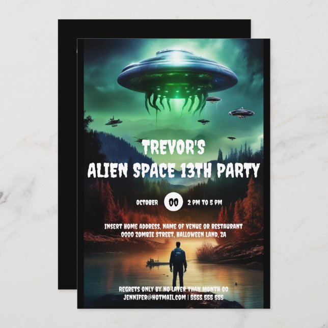 Space alien UFO birthday theme adventure party Invitation (Front/Back)