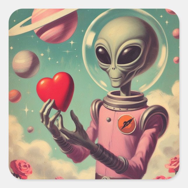 Space Alien Valentine Sci Fi Romantic Valentine's Square Sticker (Front)