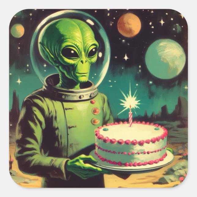 Space Alien with Birthday Cake UFO Flying Saucer  Square Sticker (Front)