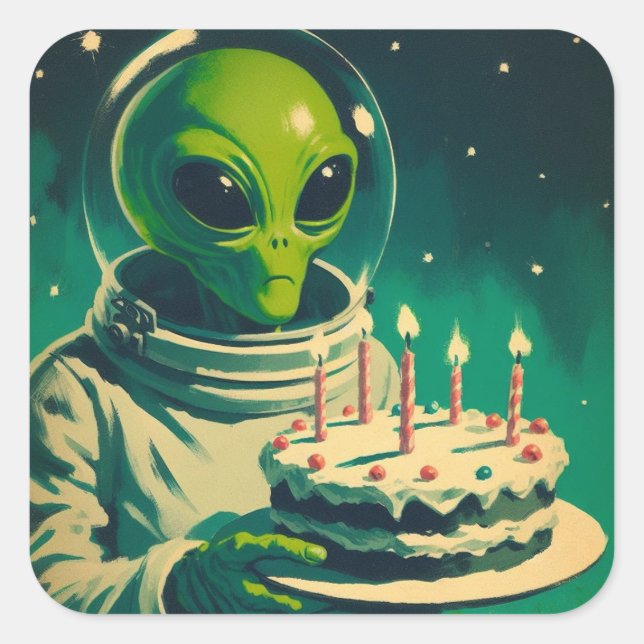 Space Alien with Birthday Cake UFO Flying Saucer  Square Sticker (Front)