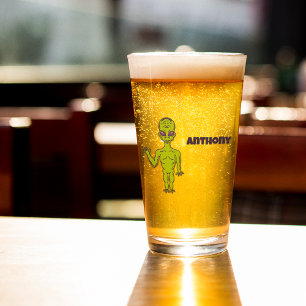 Space Alien with Flying Saucer Personalised Glass