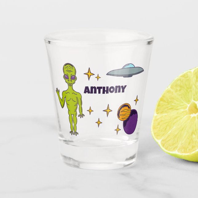 Space Alien with Flying Saucer Personalised Shot Glass (Front)