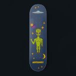 Space Alien with Flying Saucer Personalised Skateboard<br><div class="desc">Create an out-of-this-world personalised gift. This skateboard deck features illustrations of a lime green space alien,  a ufo or flying saucer,  stars,  a moon and planets and is ready to be personalised with a name.</div>