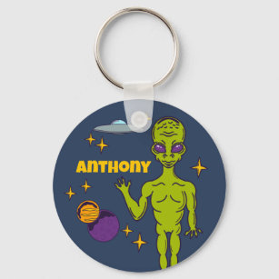 Space Alien with Flying Saucer Personalized Key Ring