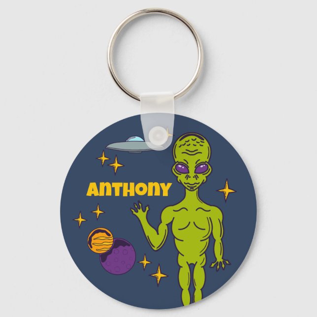 Space Alien with Flying Saucer Personalized Key Ring (Front)