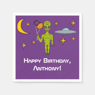 Space Alien with Planet Balloons Birthday Party Napkin
