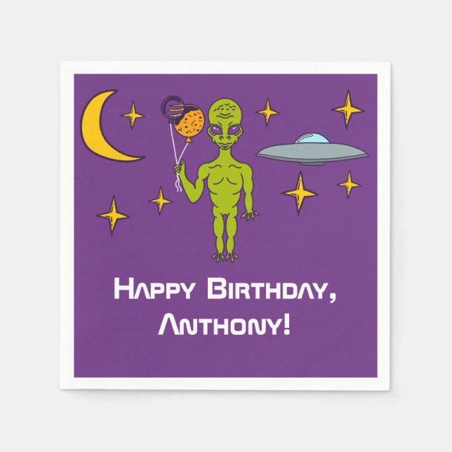 Space Alien with Planet Balloons Birthday Party Napkin (Front)