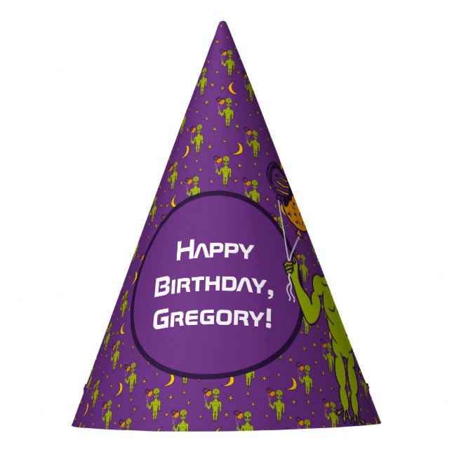 Space Alien with Planet Balloons Birthday Party Party Hat (Front)