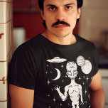 Space Alien with Planets, Stars and Flying Saucer T-Shirt<br><div class="desc">Make it an out-of-this-world day with this graphic tee featuring illustrations of a space alien,  some planets,  a moon,  a flying saucer and stars.</div>