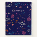 Space and Planets Doodle in Blue Personalised Notebook<br><div class="desc">This custom notebook features a cute space themed doodle art pattern with planets,  rocket ships,  and abstract shapes on a dark navy blue background. Personalise it with your name. Great gift idea!</div>