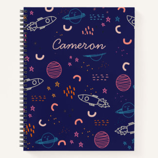 Space and Planets Doodle in Blue Personalised Notebook