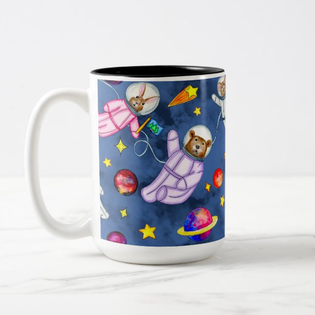 Space Animal Astronauts Floating in Space Two-Tone Coffee Mug (Left)