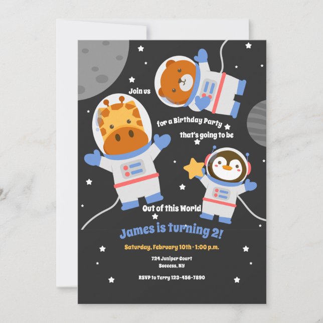 Space Animals Birthday Party Invitation (Front)