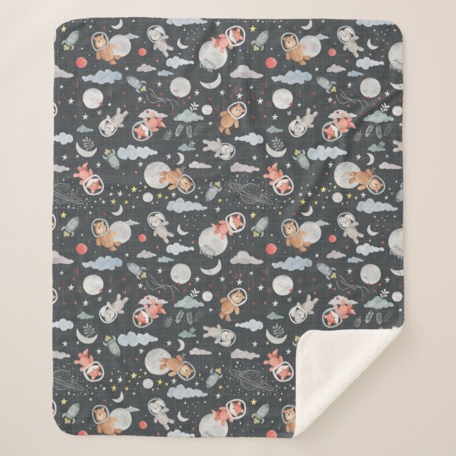 Space animals - dark steel blue texture sherpa blanket (Front)