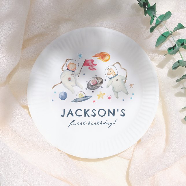 Space Animals Moon Aliens 1st Birthday Party Paper Plate (Creator Uploaded)