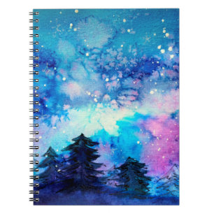Space art at watercolor with night sky and trees notebook