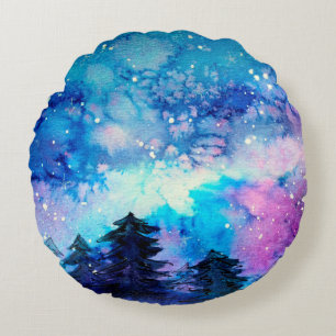 Space art at watercolor with night sky and trees round cushion