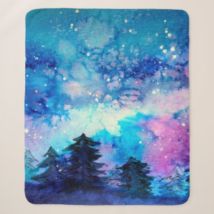 Space art at watercolor with night sky and trees sherpa blanket